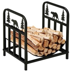 Outsunny 17" Firewood Rack, Indoor Outdoor Firewood Holder, Curved Bottom with Bear and Tree Theme for Fireplace, Wood Stove, Black